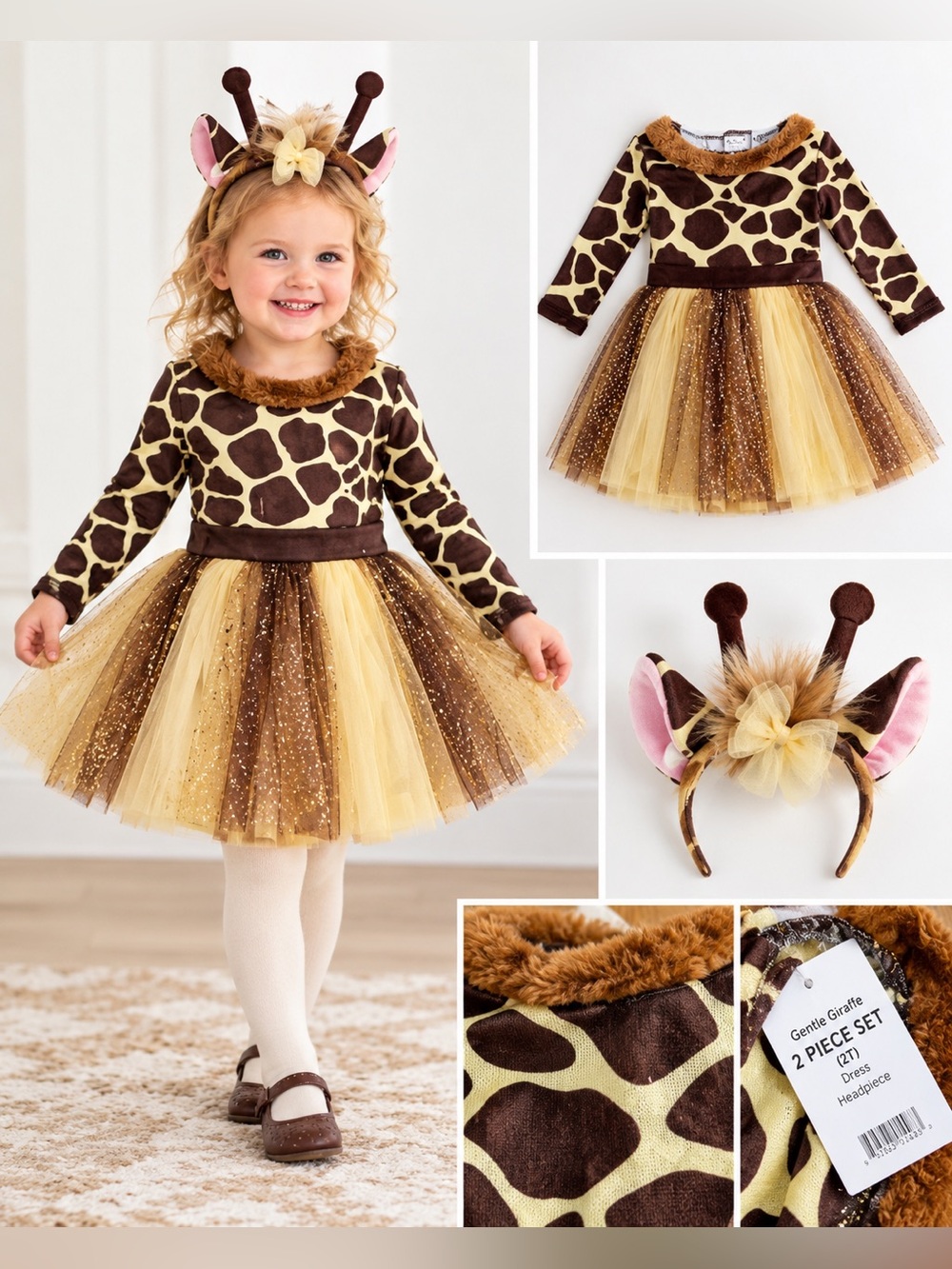 Girls' Brown & Cream Giraffe Costume Dress with Headband Halloween Size 2T New